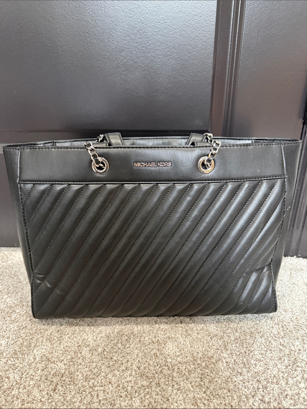 Michael Kors Black Quilted Messenger Tote with Chain Handles
